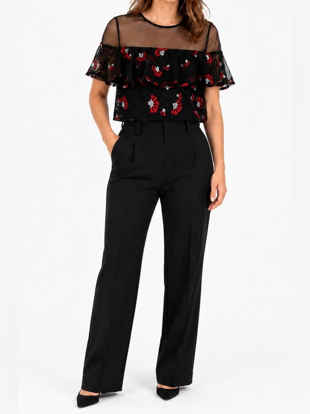 Lucy Paris Black with Red and Blue Fan Like Printed Ruffle Blouse - Size S